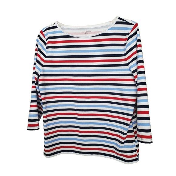 Talbots Petite Cotton Blend Blue Red Black Stripe Boat Neck T-Shirt Size XLP - Picture 1 of 5